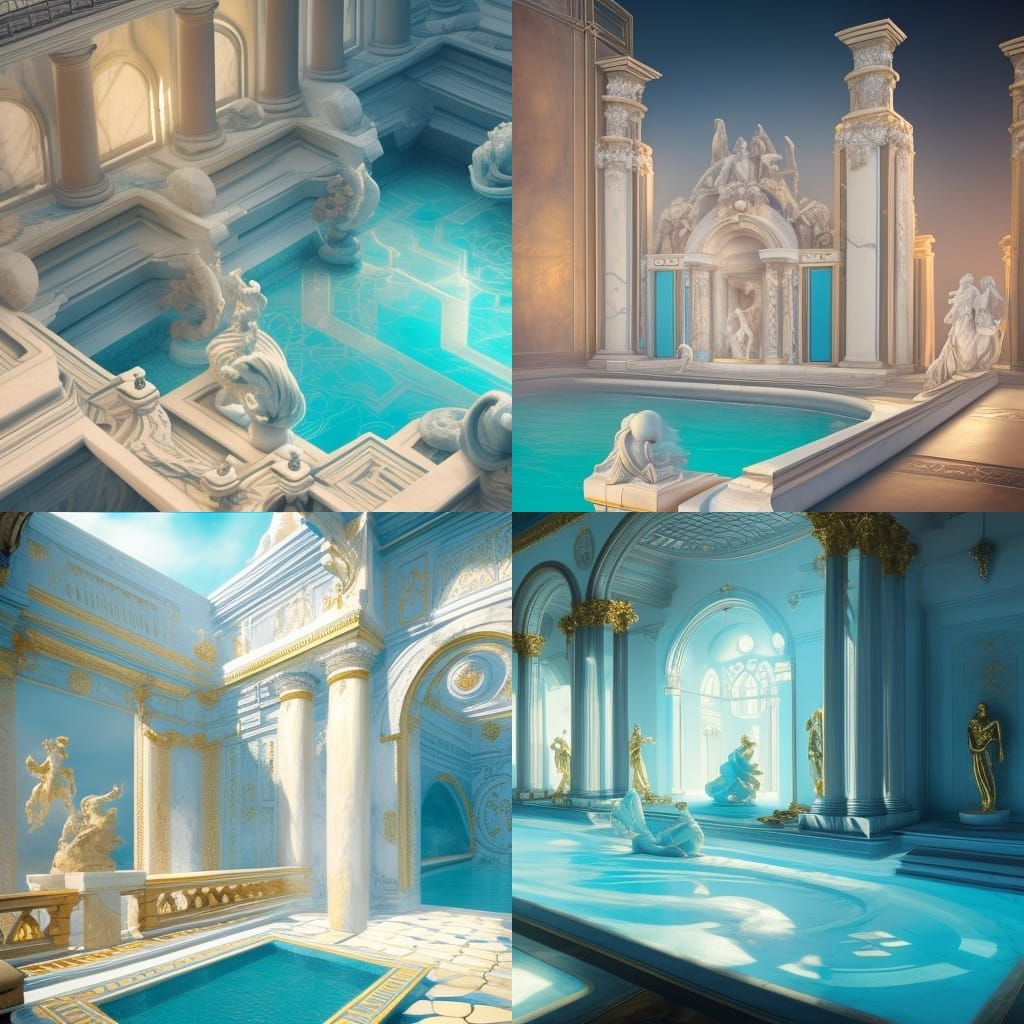 Rococo Pool and Greek Statue in Dreamlike Landscape