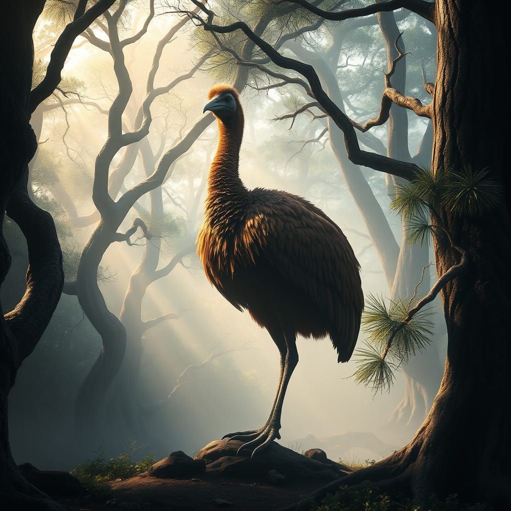 Ethereal Moa in a Misty Forest