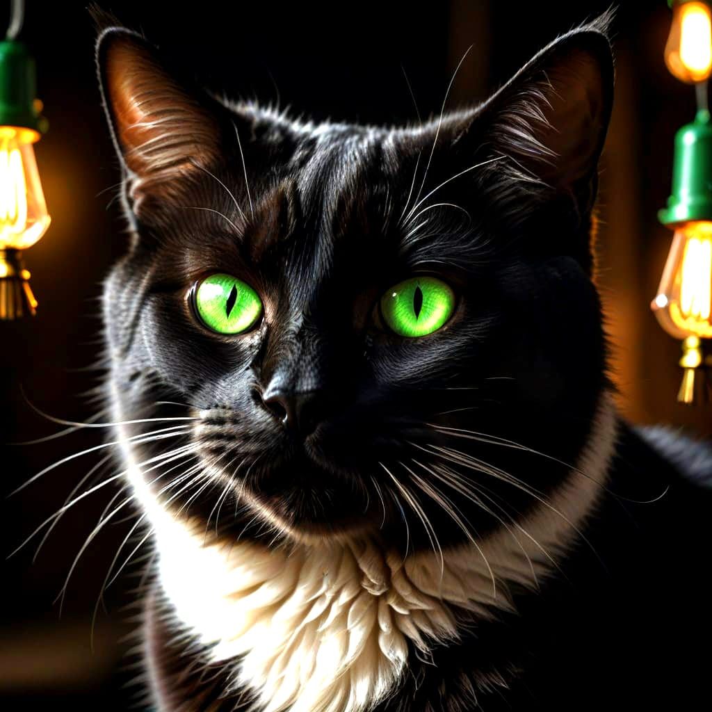 Sultry Black Cat Smiles with Green Eyes in a Dark Art Aesthe...