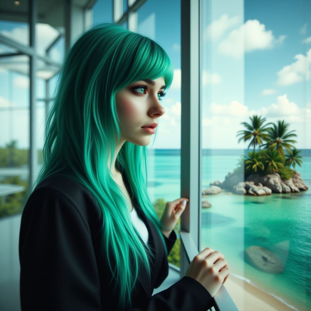 Woman Gazes at Tropical Island From Modern Office Window