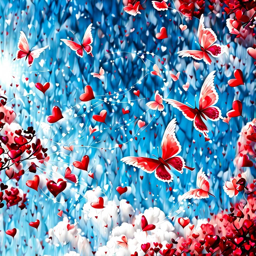 Radiant Butterflies and Hearts Soaring in the Sky
