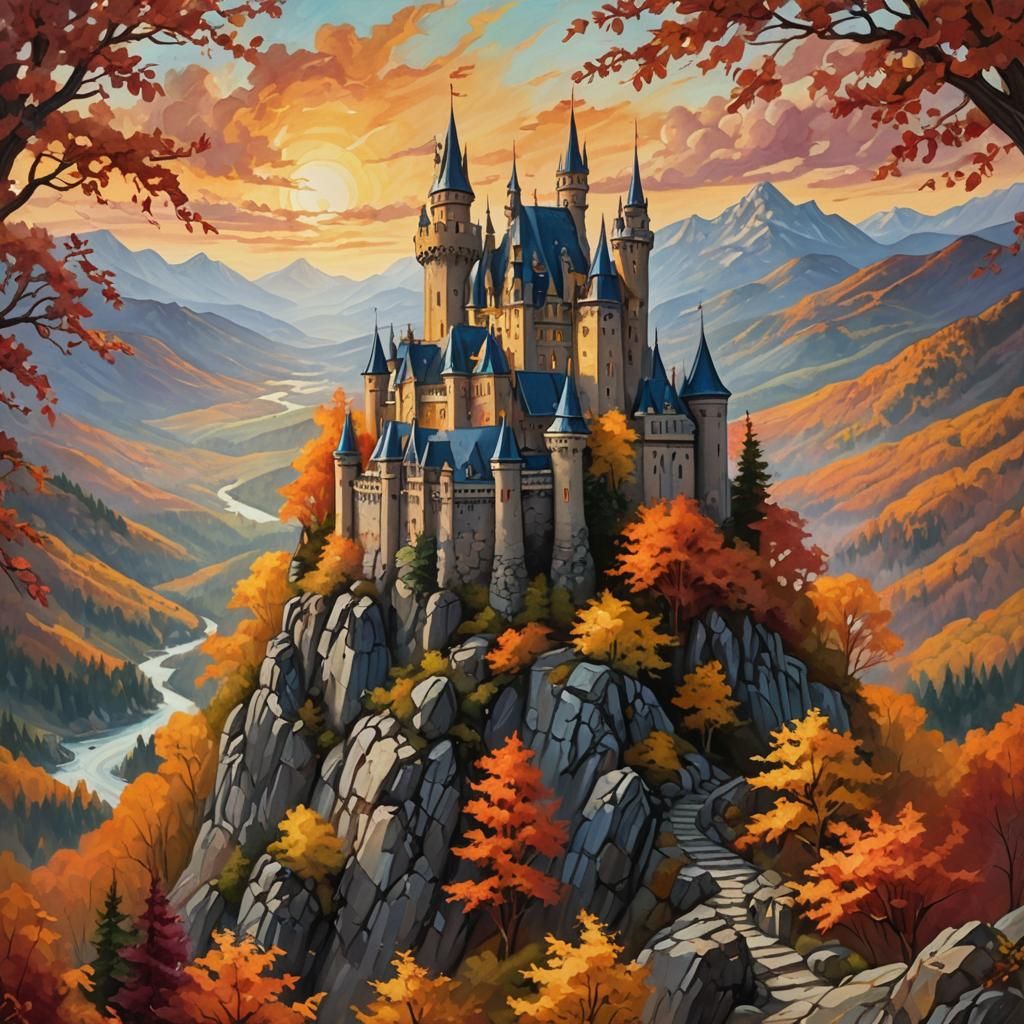 Majestic Castle at Sunset in Oil Painting Style