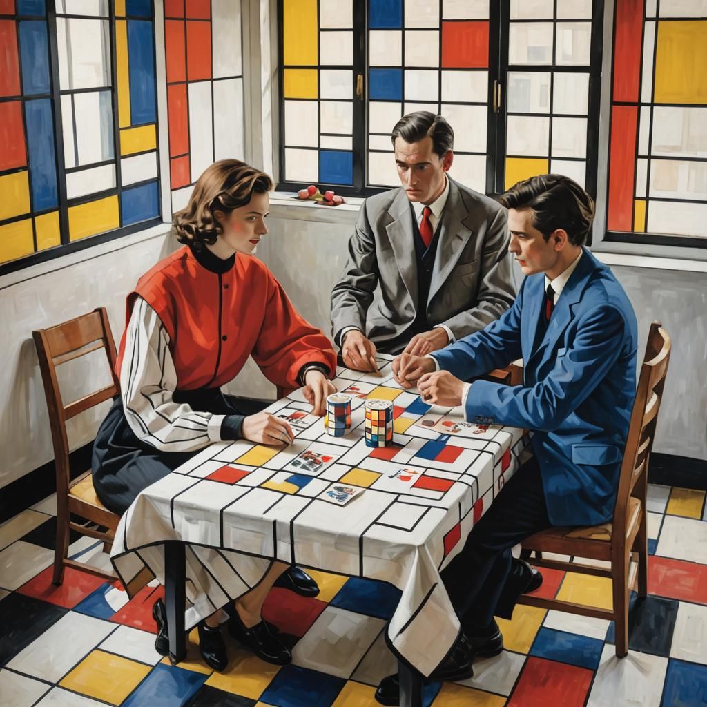 El Hispaleto’s Painting Card Players in the style of PIET MONDRIAN
