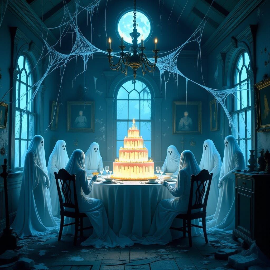 Ethereal Birthday Cake in Haunted House with Ghosts