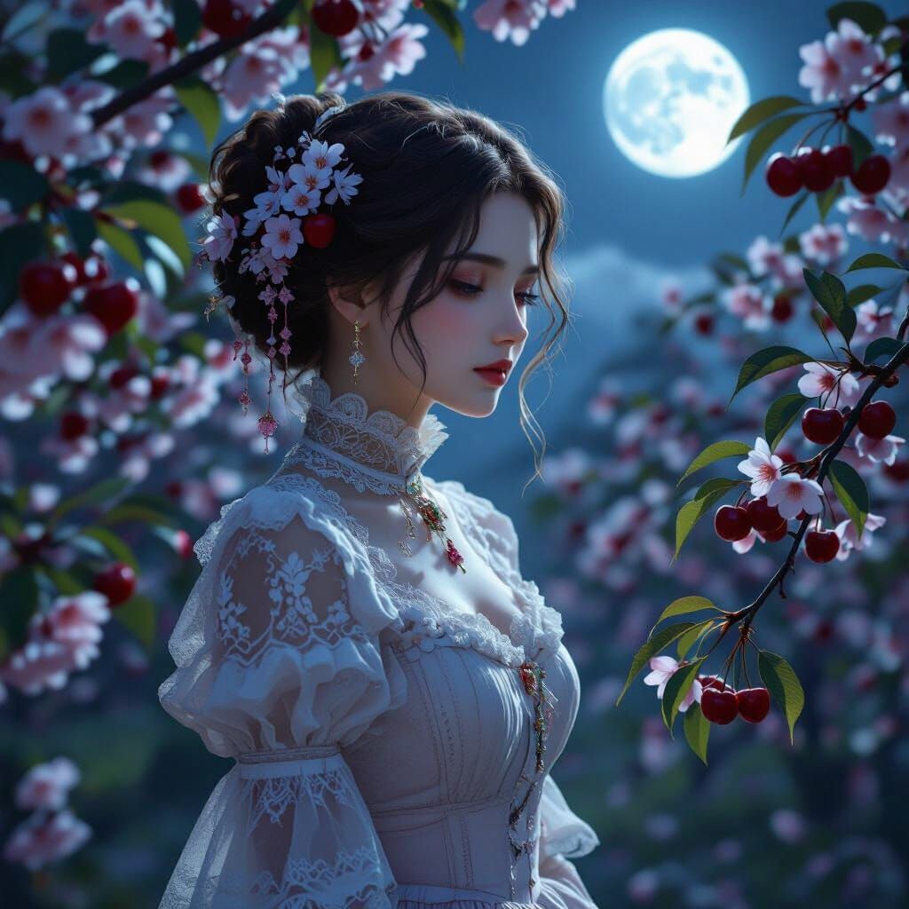 Victorian Lady in Cherry Orchard, Fantasy Art