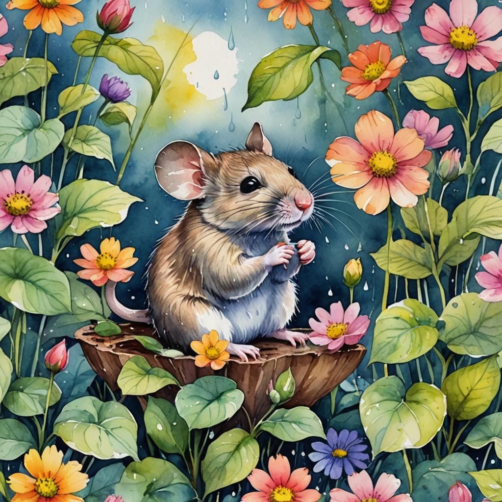 Mouse Seeks Shelter from Rain in Watercolor