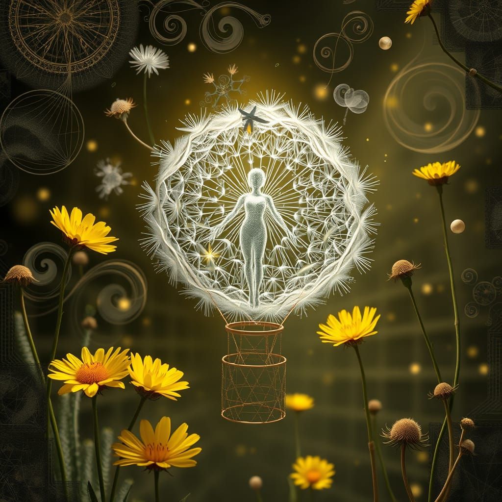 Ethereal Filigree Figure in Dandelion Balloon, Bio-Art