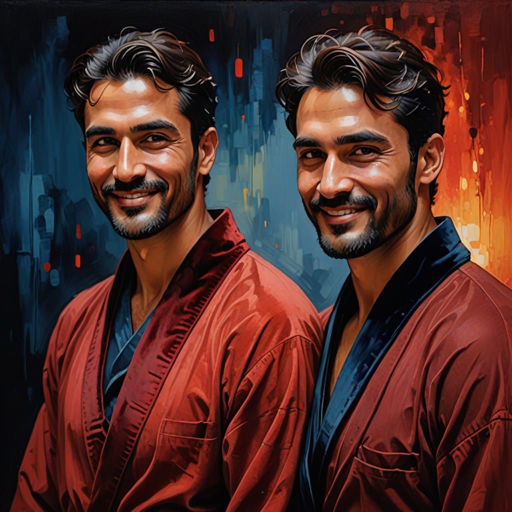 Smiling Men in Velvet Bathrobes, Impasto Oil Painting