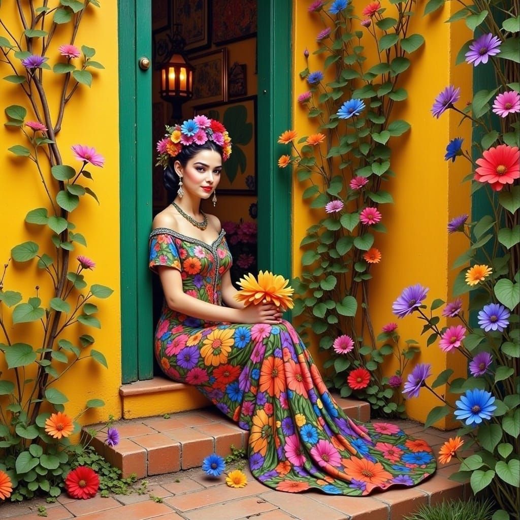 Frida Kahlo Portrait in Mexican Folk Art Style