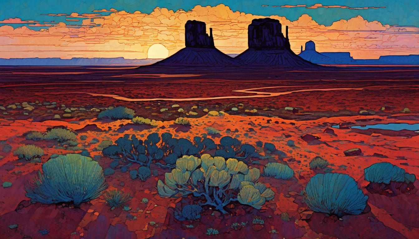 Monument Valley Sunset Landscape in Rich Artistic Styles