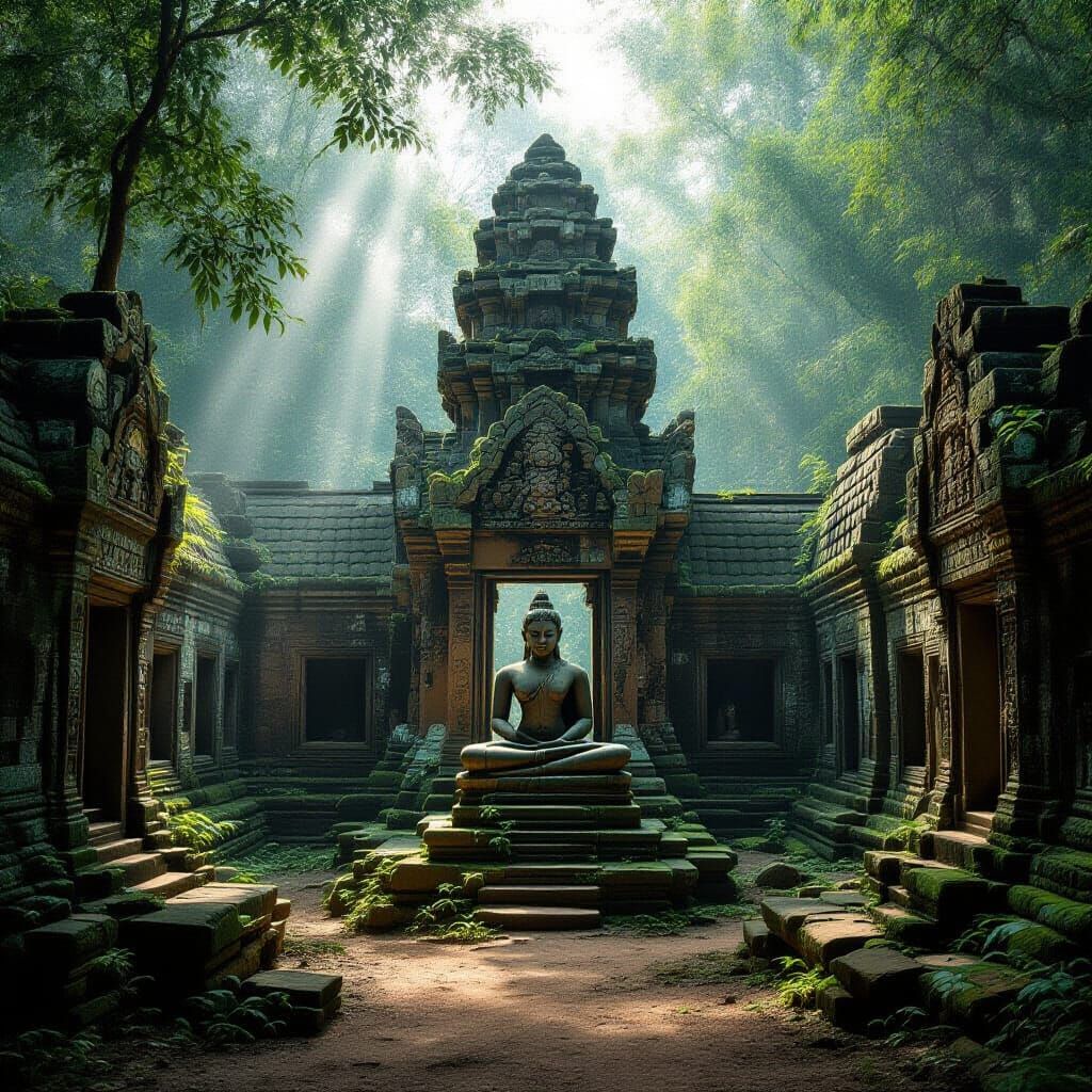 Overgrown Temple Ruins With Ancient Statue Photorealistic St...