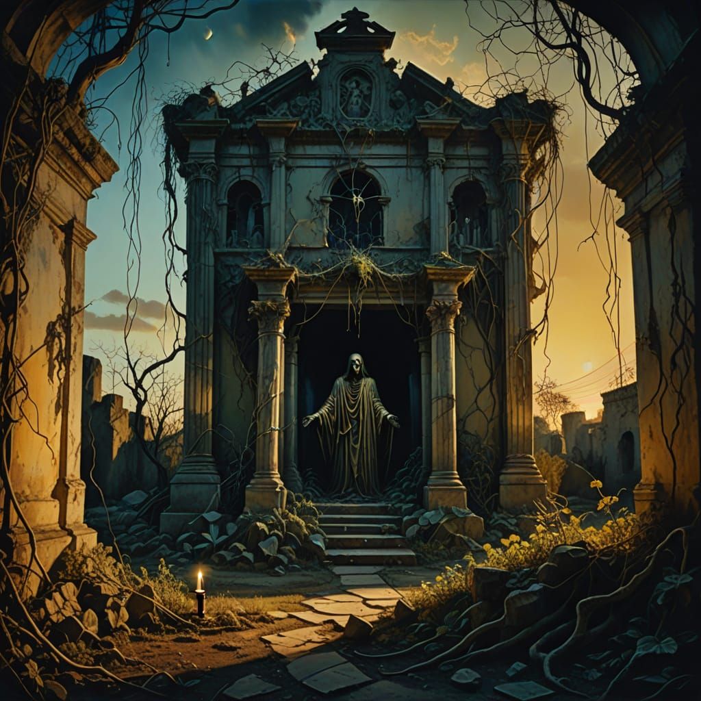 Eerie Abandoned Garden with Floating Spirit, Surreal Oil Pai...