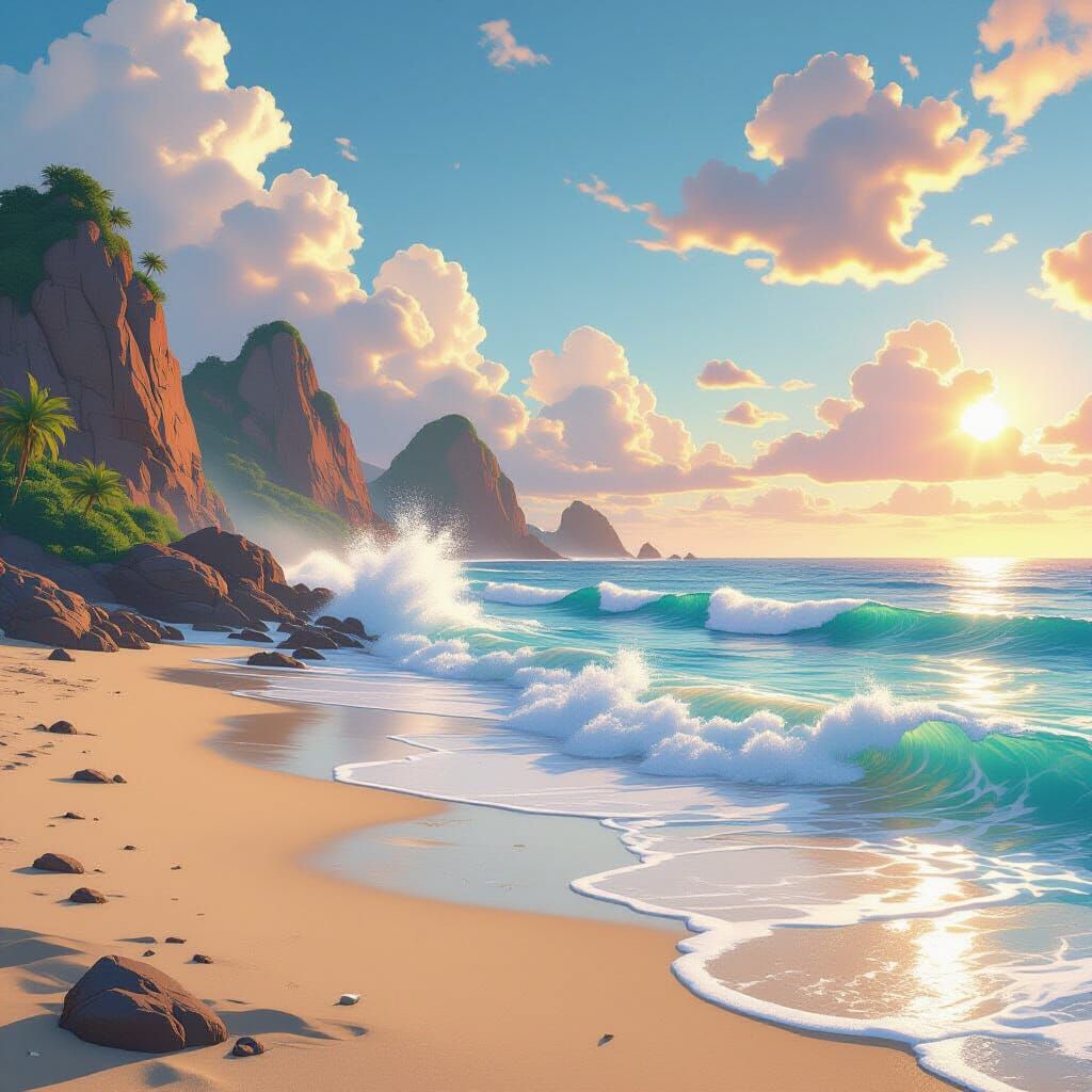 Anime-Inspired Beach City with Crashing Waves in 8k