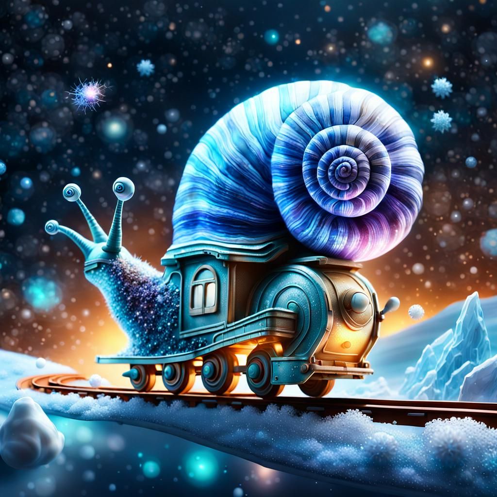 Against the background of a Milky Way with pure cold stars, an aggressive, dynamic monster snail moves
made of transluce...
