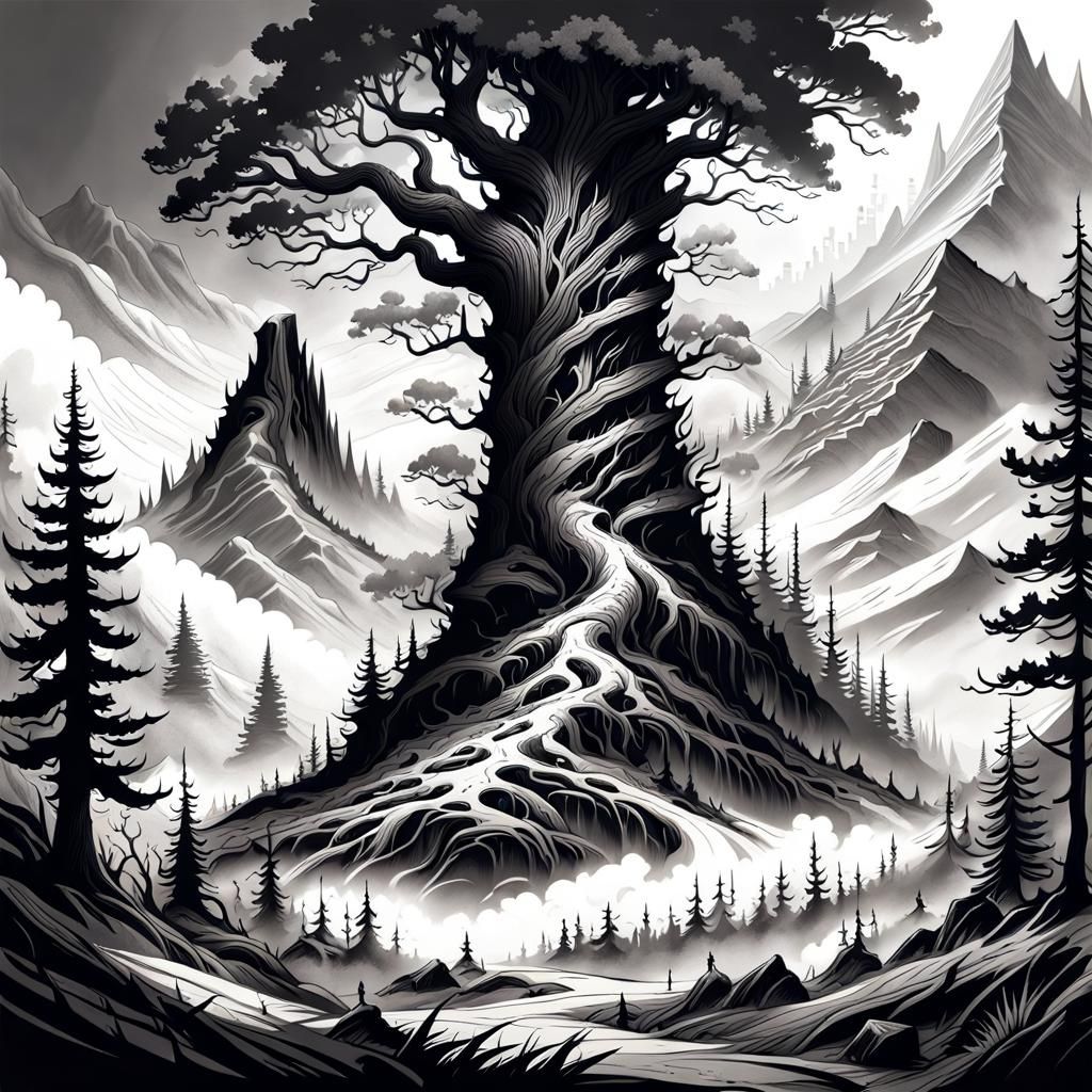 Dramatic Black and White Doodle Fantasy Landscape