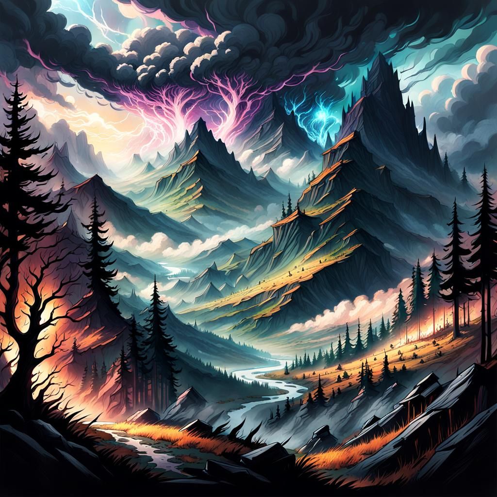 Dark Fantasy Landscape Sketch with Volumetric Lighting