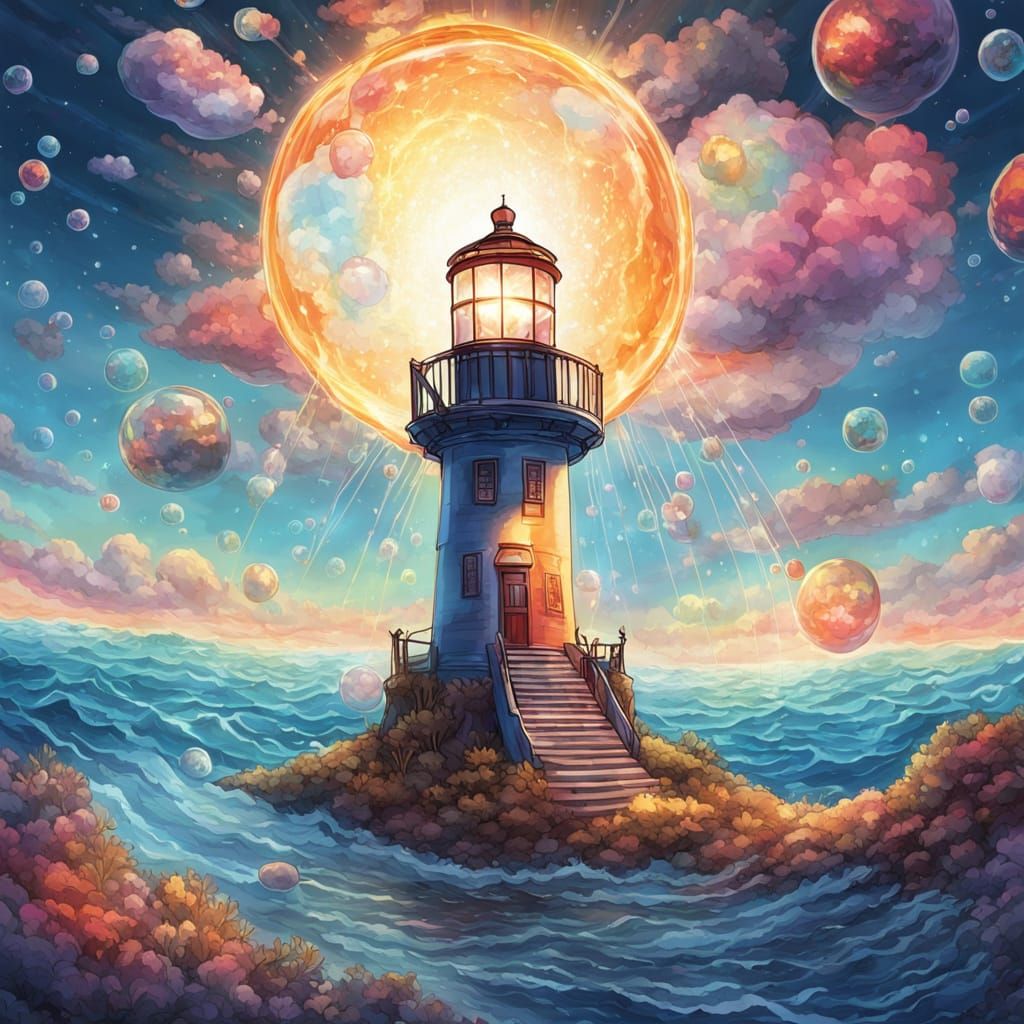 Cosmic Lighthouse in a Bubble, Mixed Media Illustration