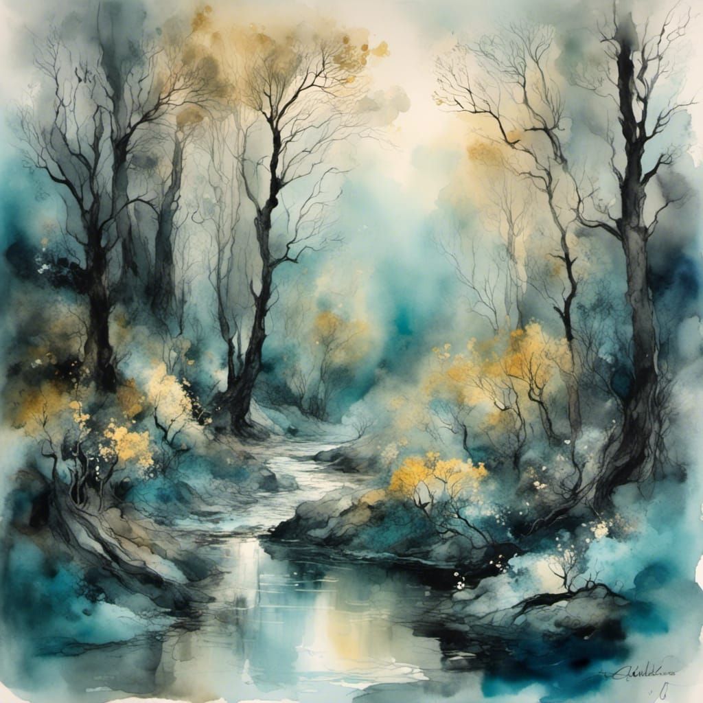 Rocky Brook Through Forest in Watercolor and Ink