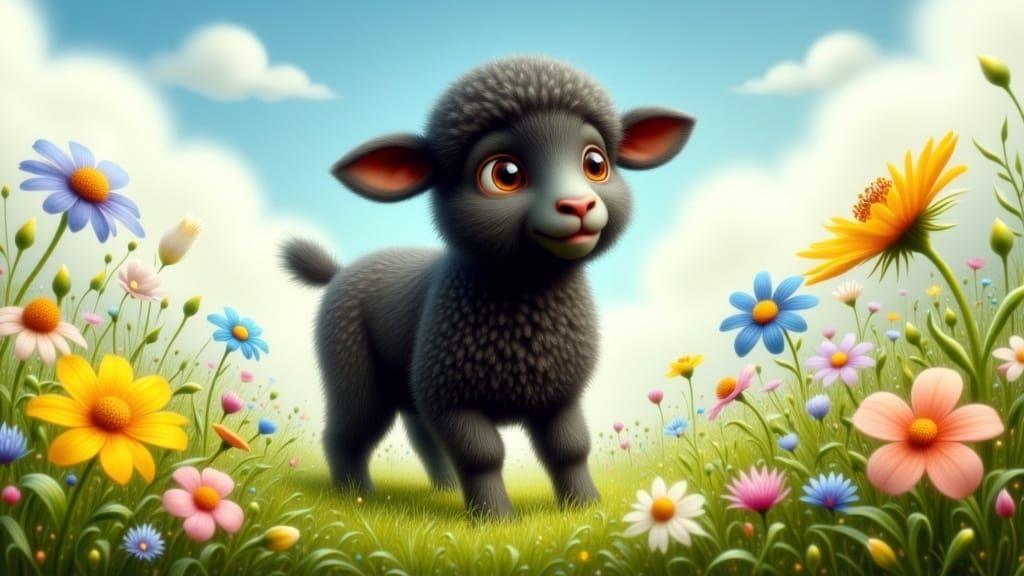 Dreamy Black Lamb in Whimsical Spring Meadow