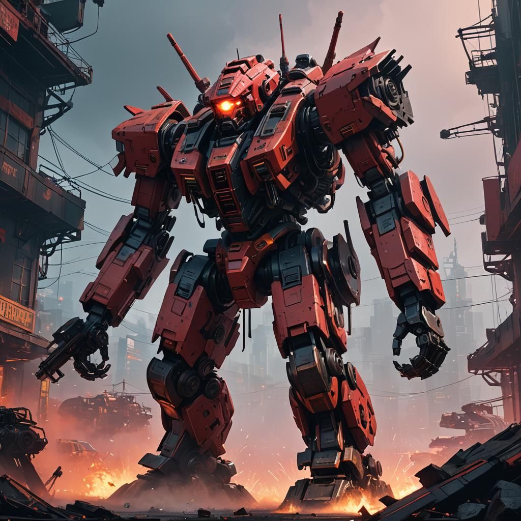 Crimson Typhoon Mech with Saw Blades: Sci-Fi Concept Art