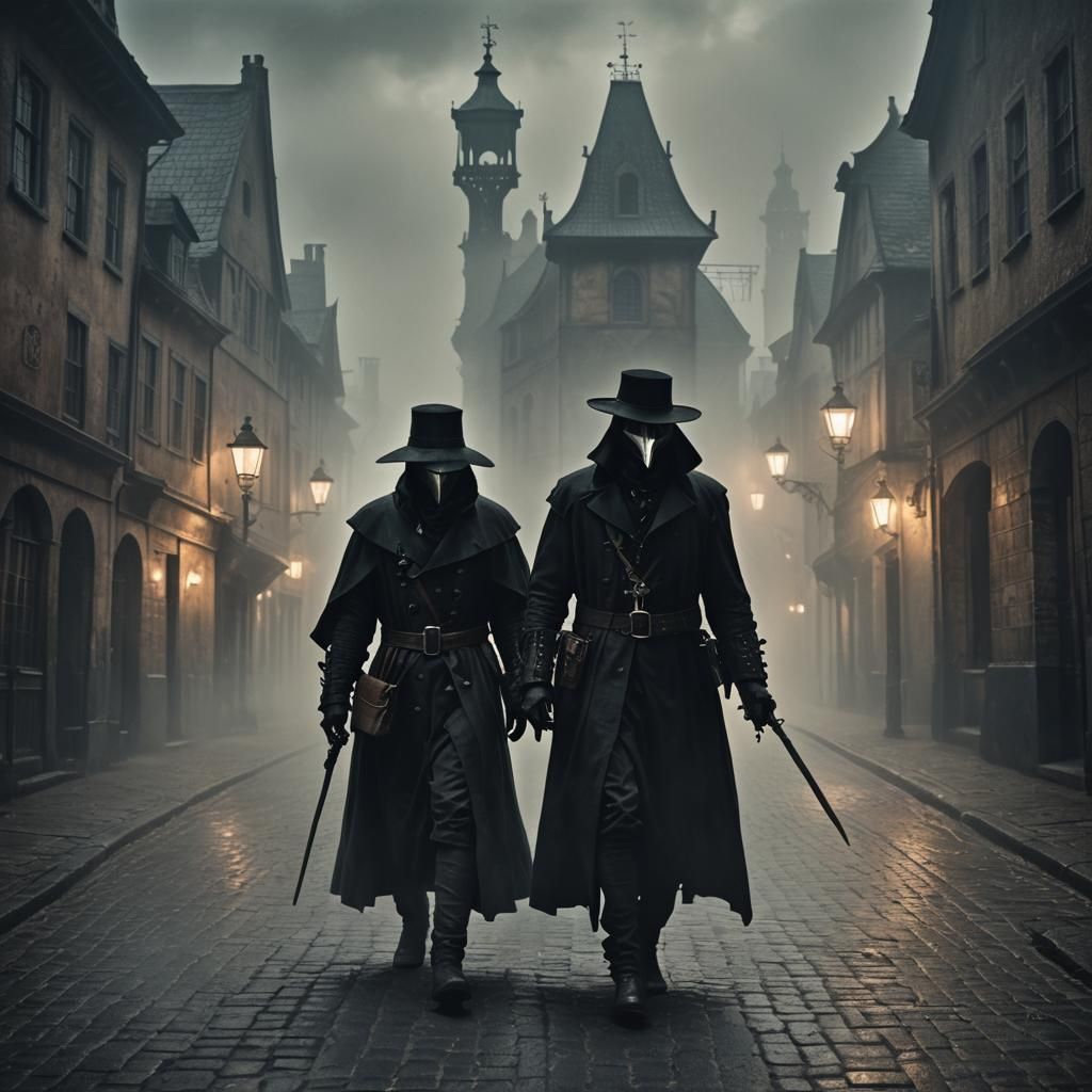 Plague Doctor in Foggy Street, Dark Fantasy Illustration