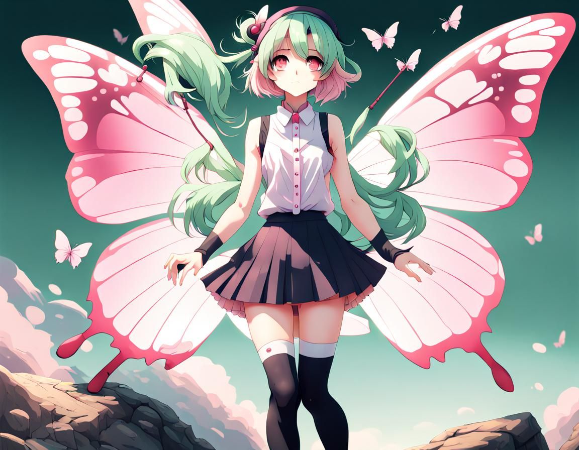 Anime Art of Butterfly Hybrid with Pastel Green Hair