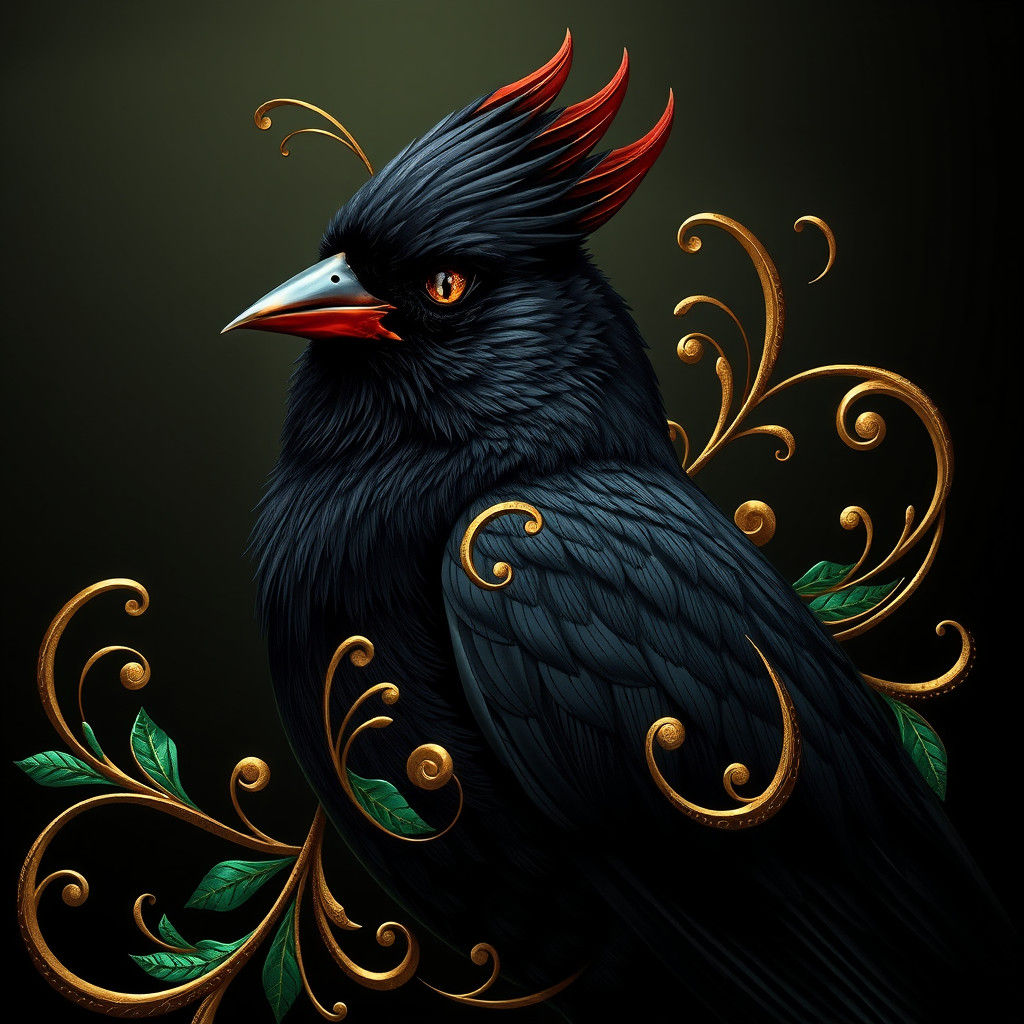 Black Cardinal with Emerald and Gold Art Nouveau