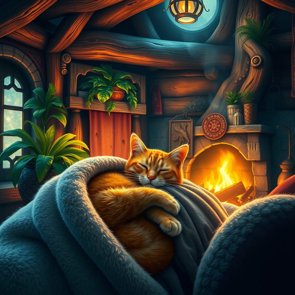 Serene Orange Cat by Crackling Fireplace in Cozy Cabin