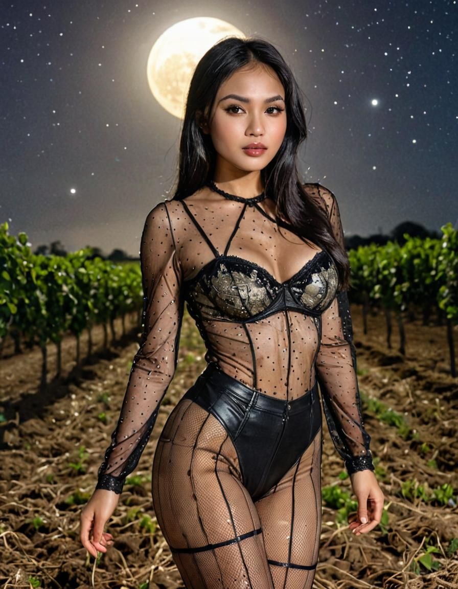 Indonesian Woman Under Moonlight in Starry Field