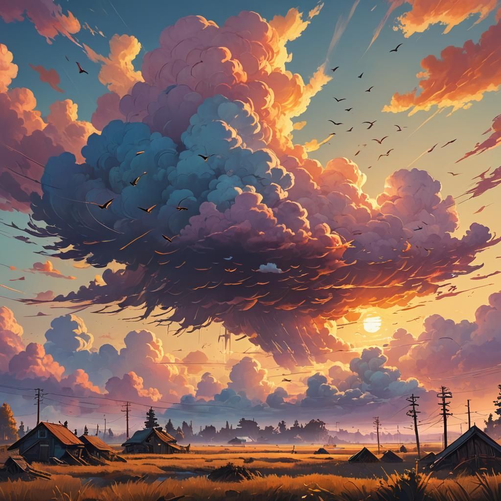 Futuristic Fantasy Landscape with Soft Clouds and Golden Sun...