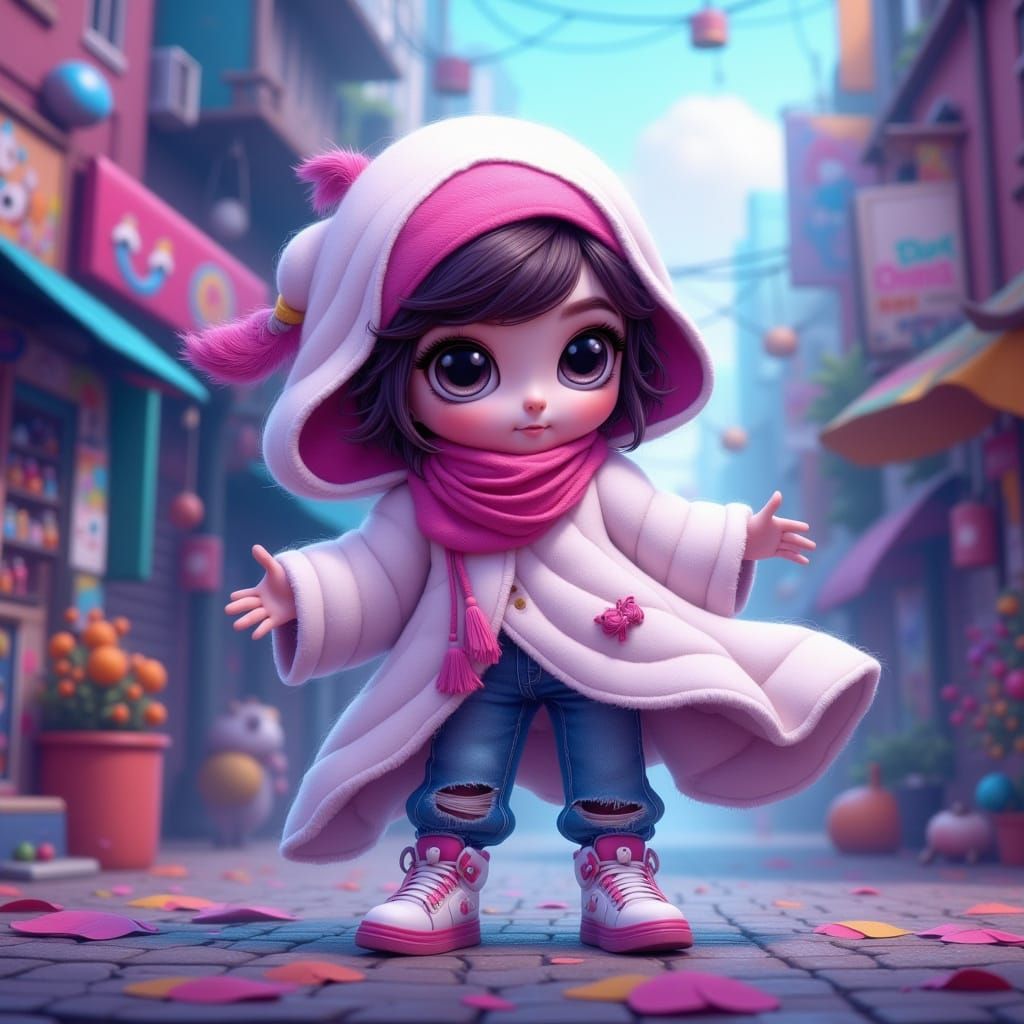 Cute Ghost Character in Urban Street Scene