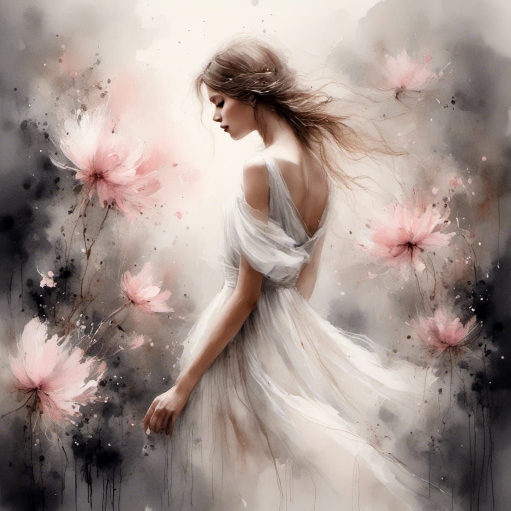 Girl in White Dress with Pink Flower