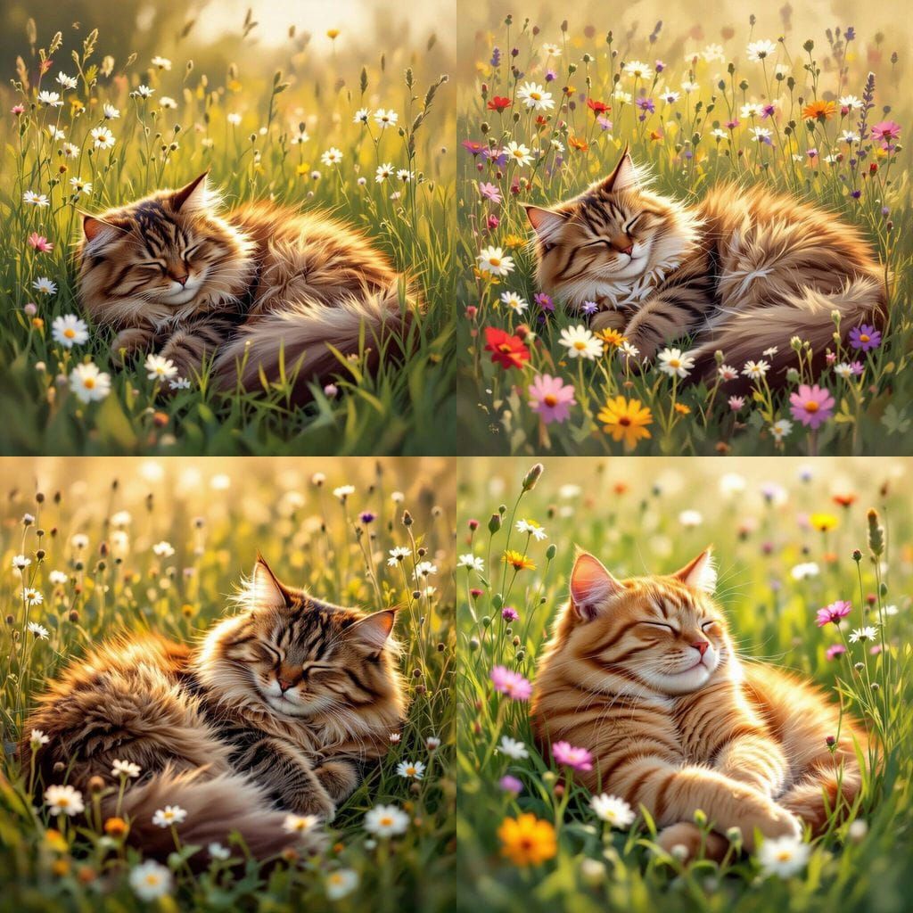 Peaceful Old Brown Cat Napping in a Sunny Meadow