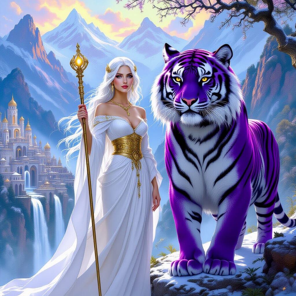 Най отпред красива ефирна жена с бяла коса,  красиво и нежно...