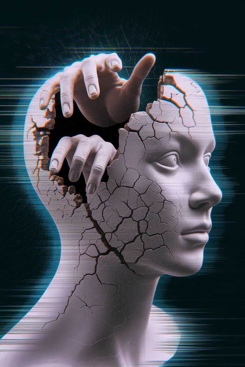 Surreal Mannequin Head Bursting Open: Digital Art