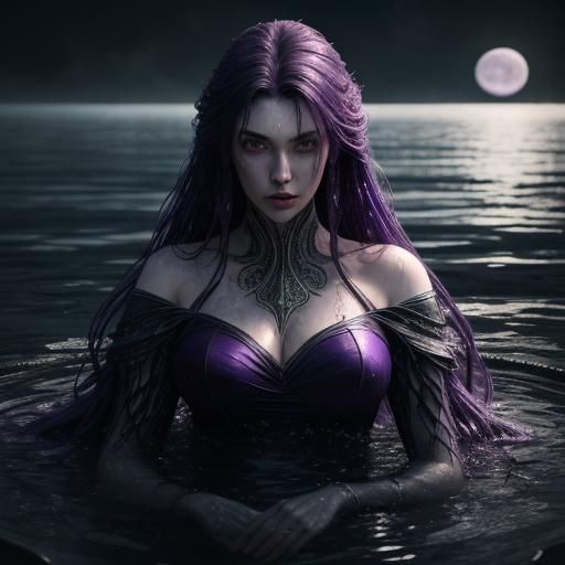 Girl with Purple Hair Reflecting Moon, Hyperrealistic
