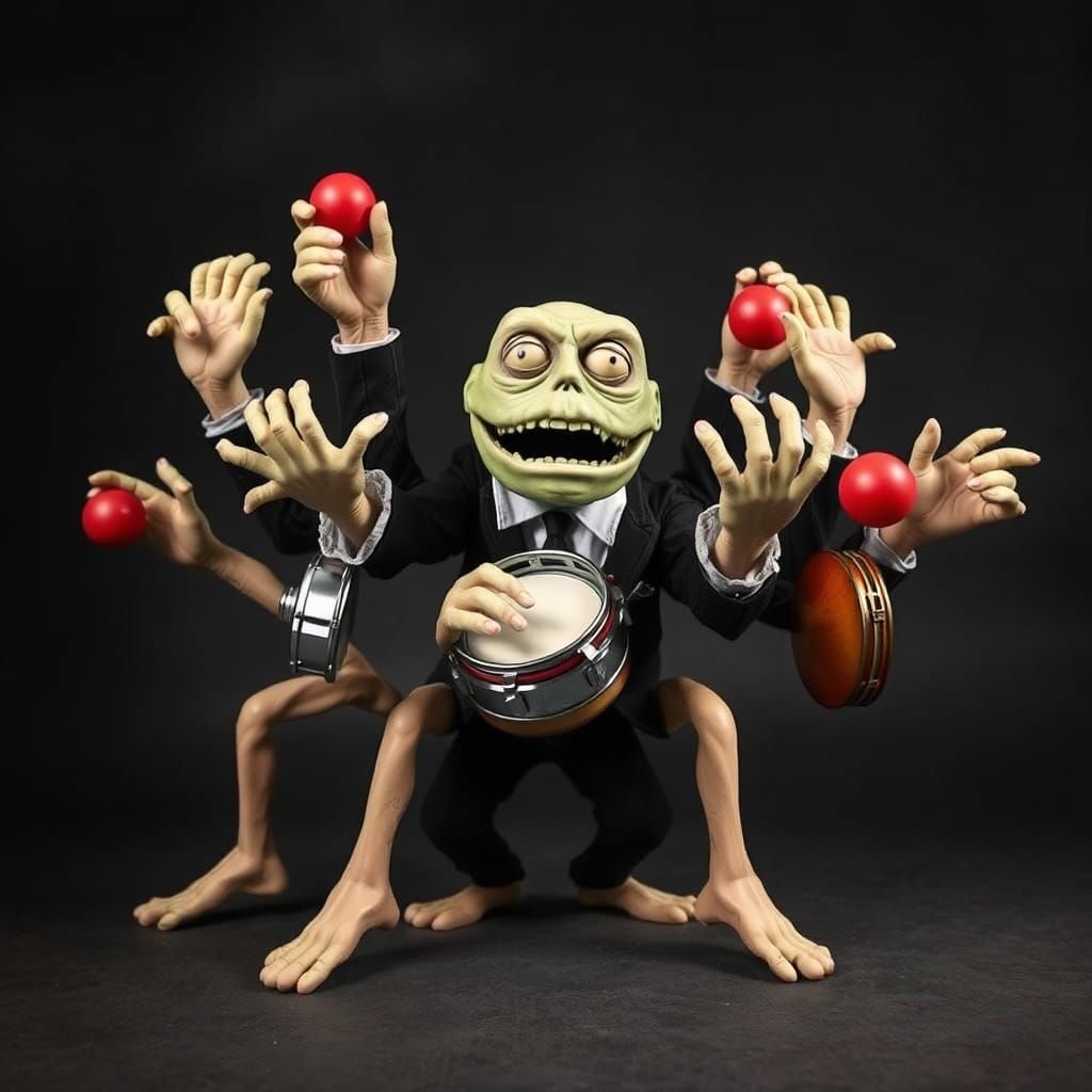 Surreal Vaudeville Scene with Dancing Zombie Frog and Addams...