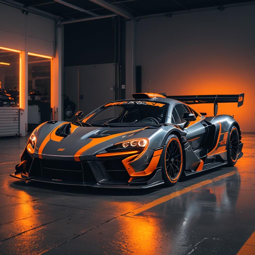 Grey and Orange Mclaren Senna GTR in Synthwave Style