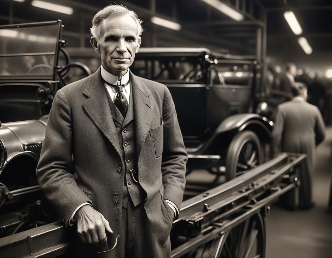 Henry Ford Portrait on Assembly Line in Charcoal