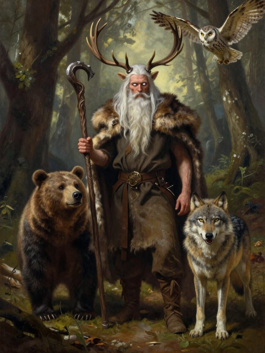 Slavic God Veles in Forest with Animals Pulp Art