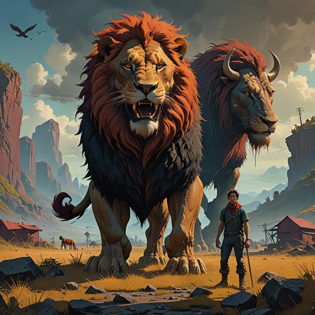 Regal Two-Headed Beast with Human and Lion Visage