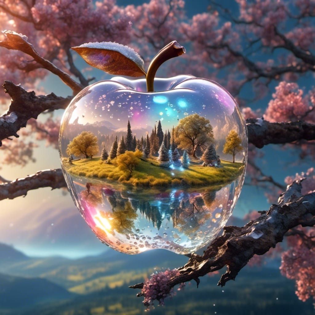 Opal Apple with Dewdrops in Hyperreal Style