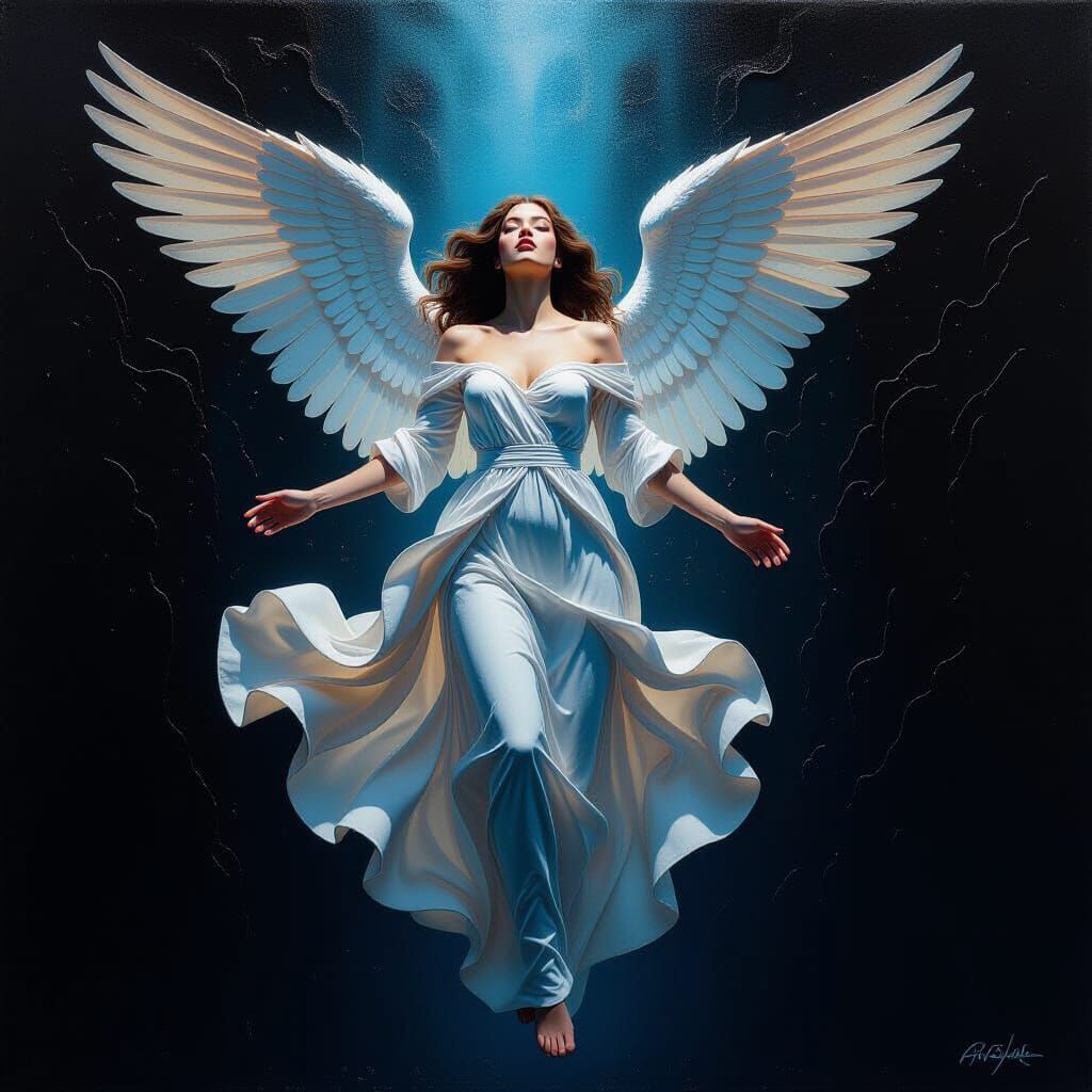 Angelic Figure Emerges from Darkness into Light as Impasto P...