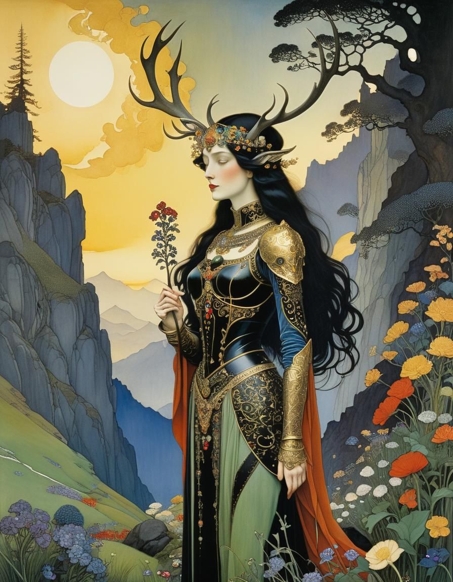 Woman with Antlers in Alpine Meadow, Golden Age Illustration
