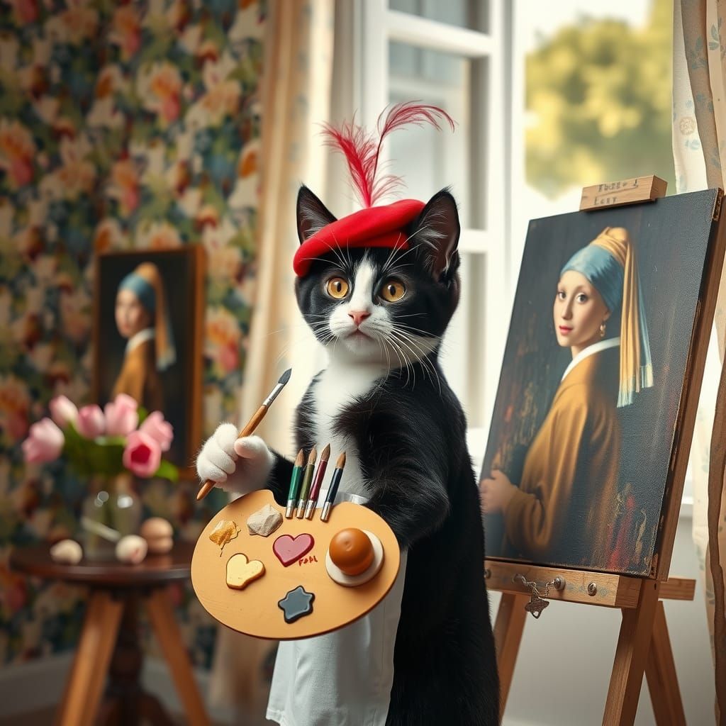 Cat Artist Painting "Girl With a Pearl Earring"