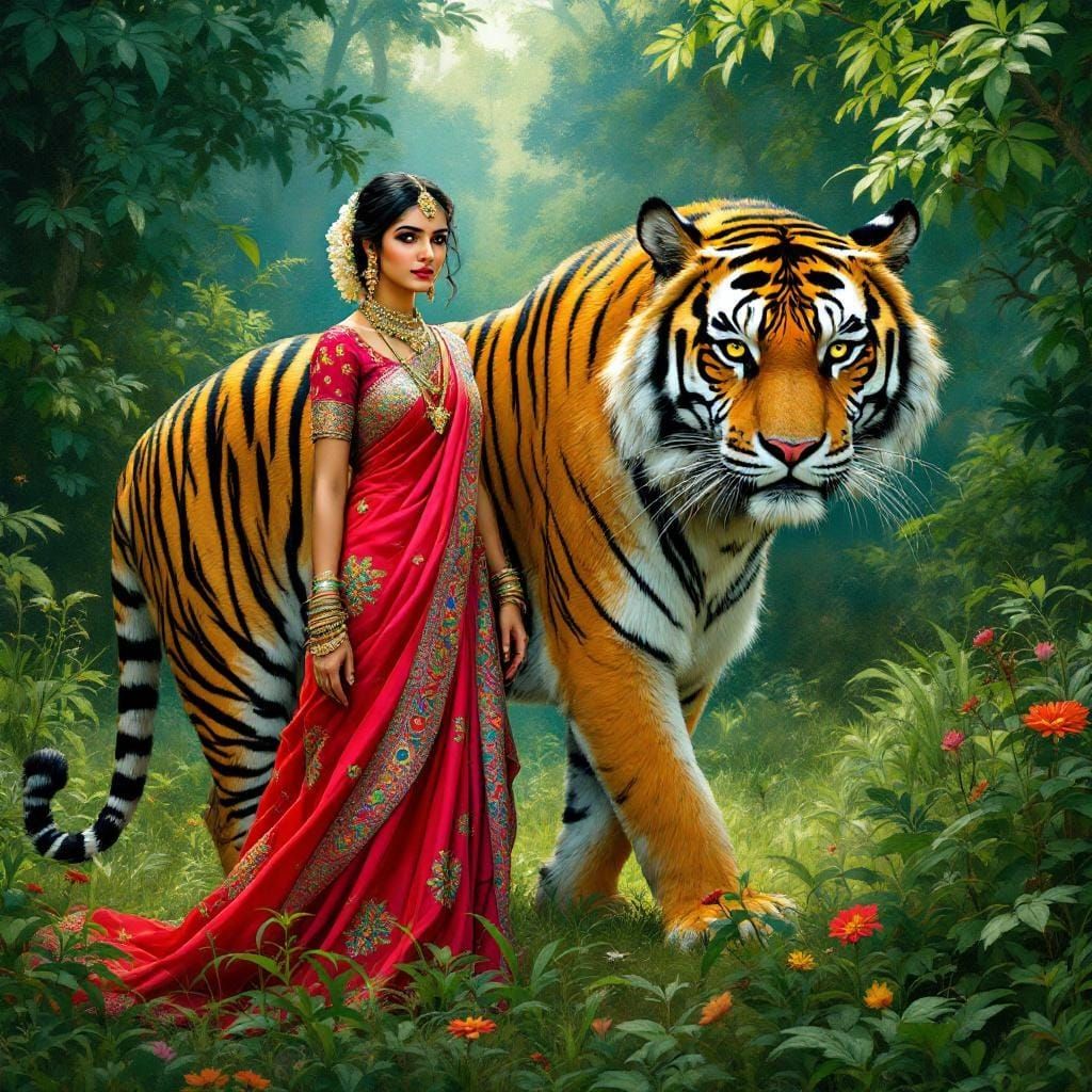 Indian Woman with Tiger in Ravi Varma Style