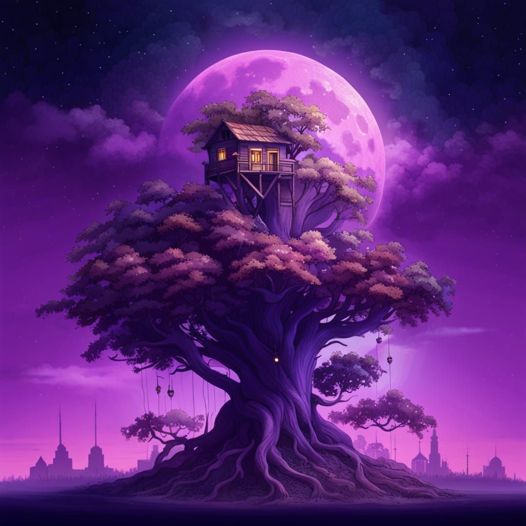 Treehouse Under Purple Moon in Sci-Fi Landscape