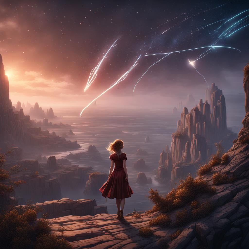 Girl in Wind Beside Shooting Star: Fantasy Art
