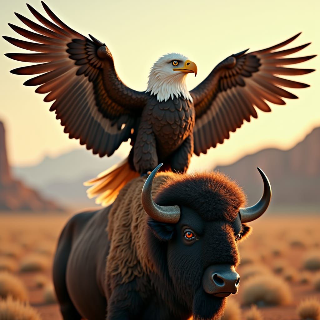 Hyper-realistic, cute, adorable, fluffy bald eagle sits on the back and spreads its wings wide, of an American bison, in...