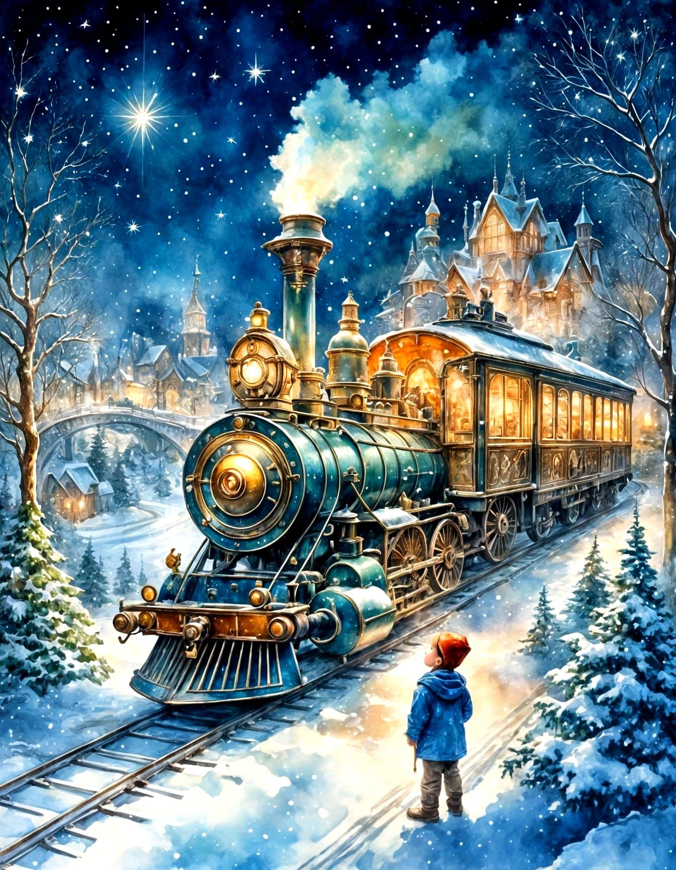 Majestic Christmas Train Under Snowy Night Sky